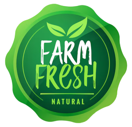 Green 'Farm Fresh Natural' logo with leaves on a white background