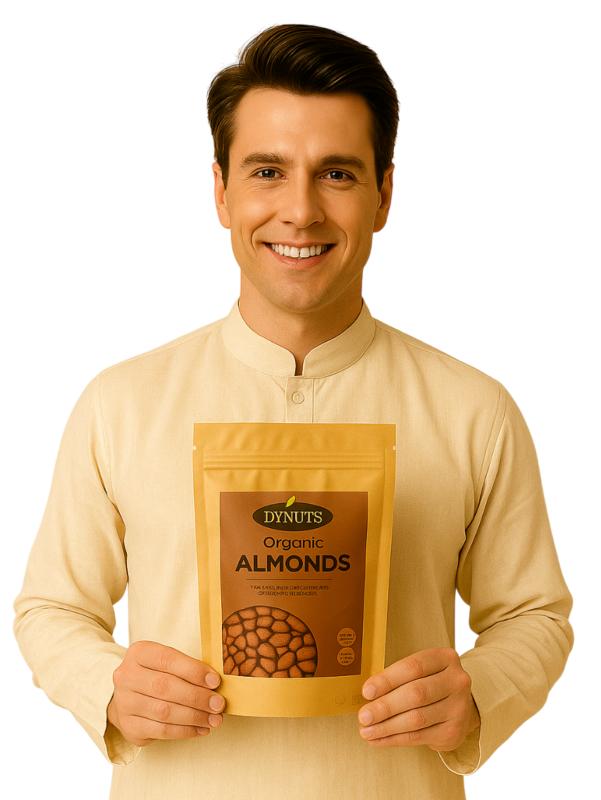 Man holding a Dynuts Organic Almonds package against a white background
